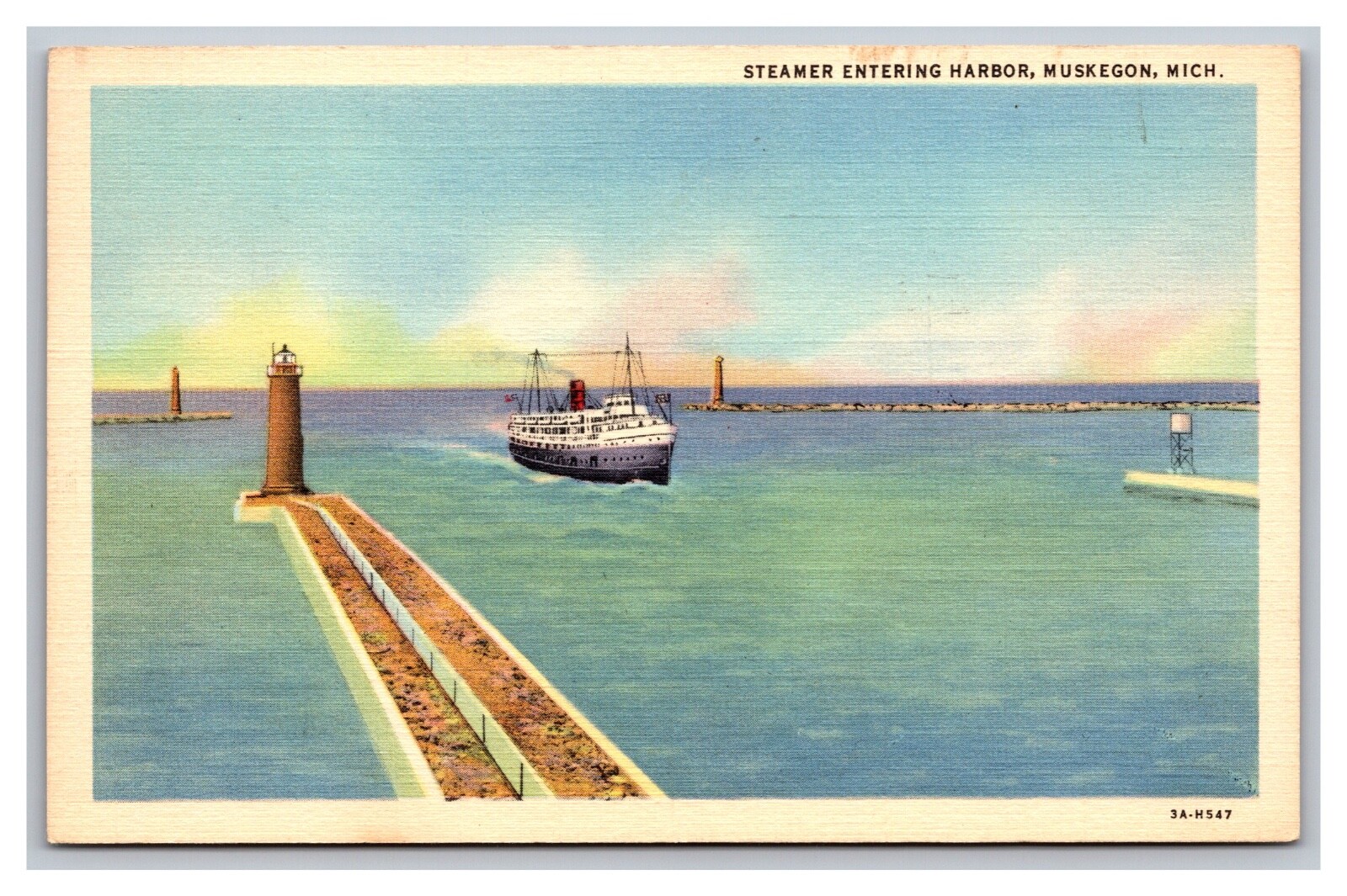 Muskegon MI Michigan Steamer Entering Harbor Linen Postcard Posted 1942