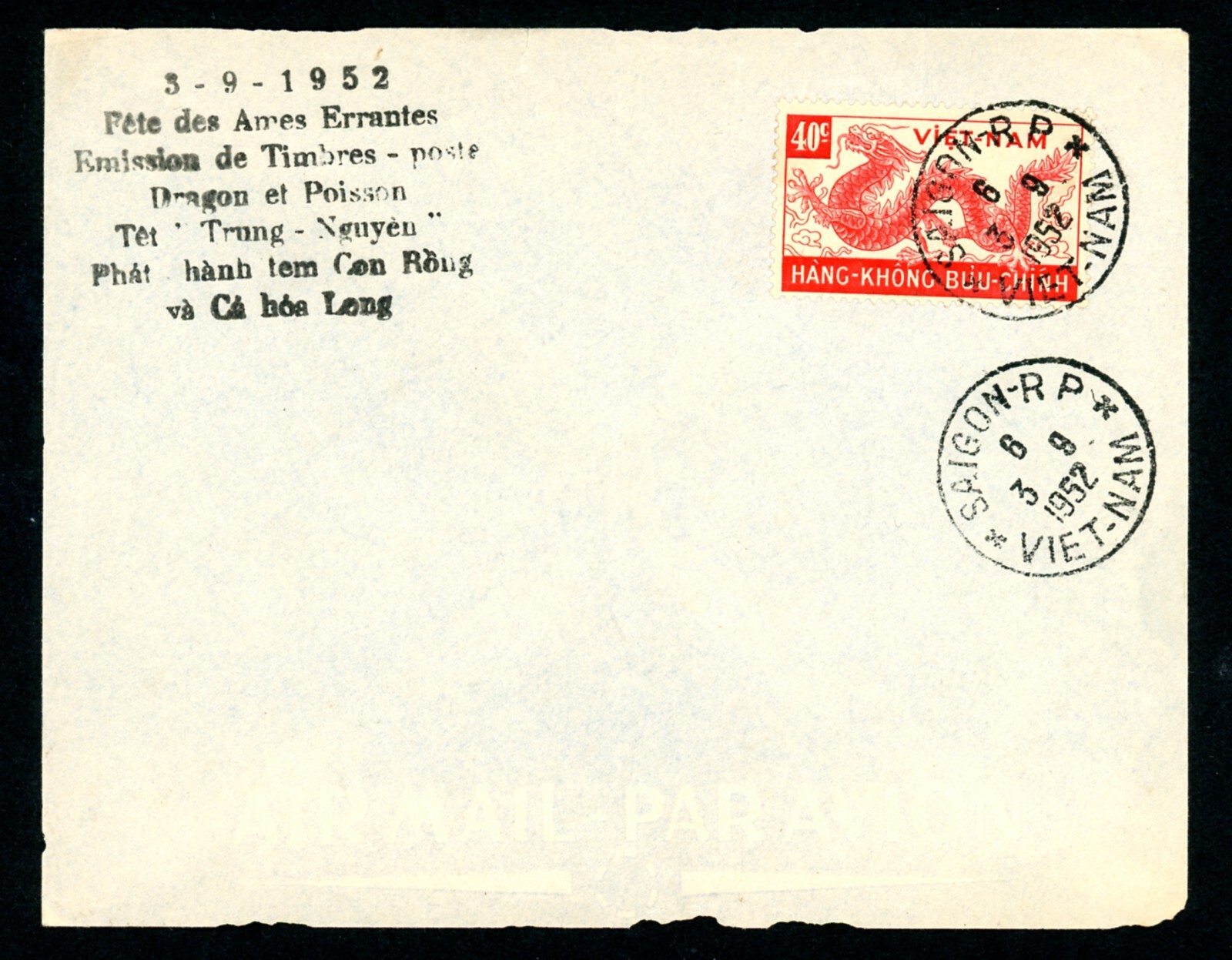 State of Vietnam FDC 1952 Air Post Dragon C5 Saigon PM (L1175)