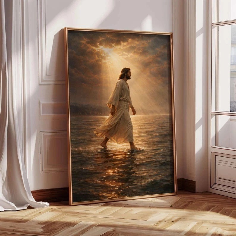 Jesus Walking on Water Wall Art – Christian Religious Print Art for Home Decor