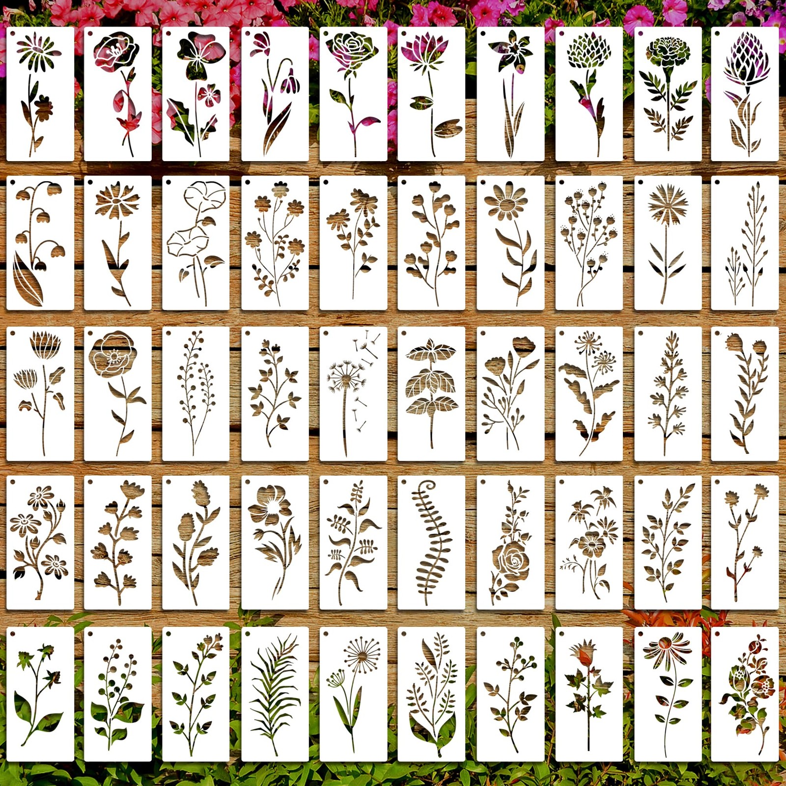 50Pcs Wildflower Stencils Flower Leaf Painting 3x6 inches, Creamy-white 