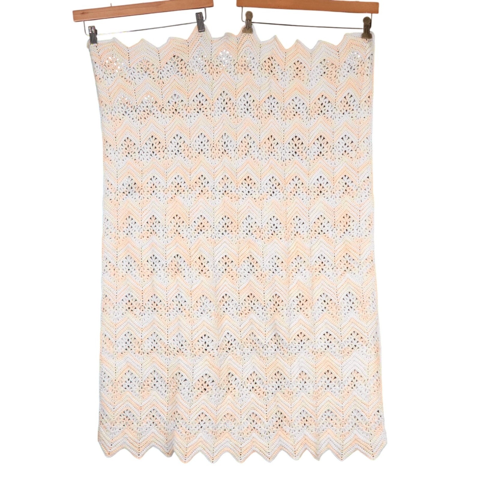 Handmade Crochet Baby Blanket Peach Yellow Throw Soft Nursery Zig Zag White