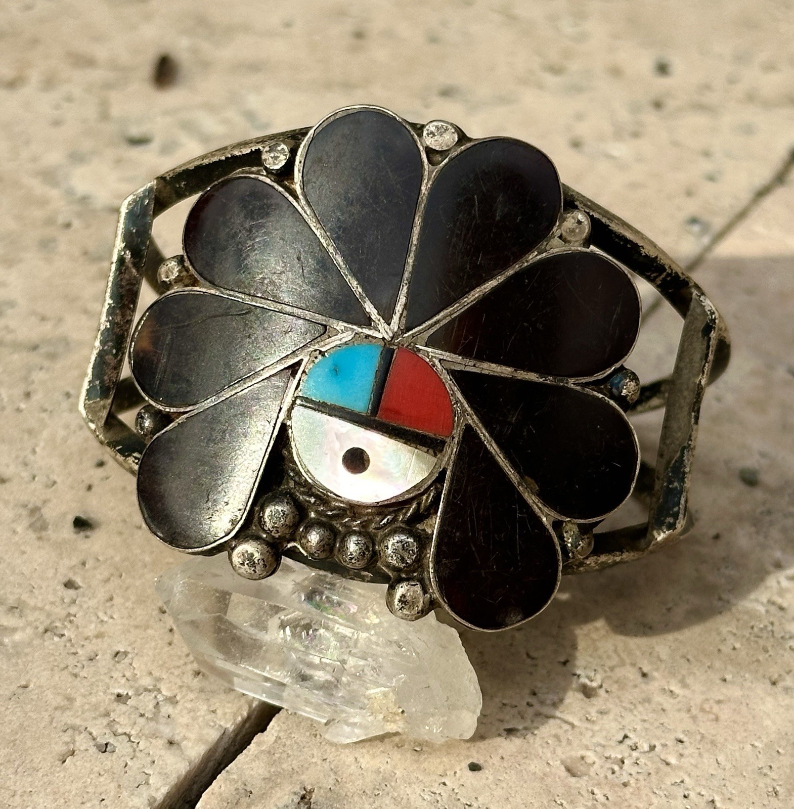 Zuni Sunface Sterling Silver Inlay Cuff/Bracelet Turquoise/Coral/MOP, ~6.25” 41g