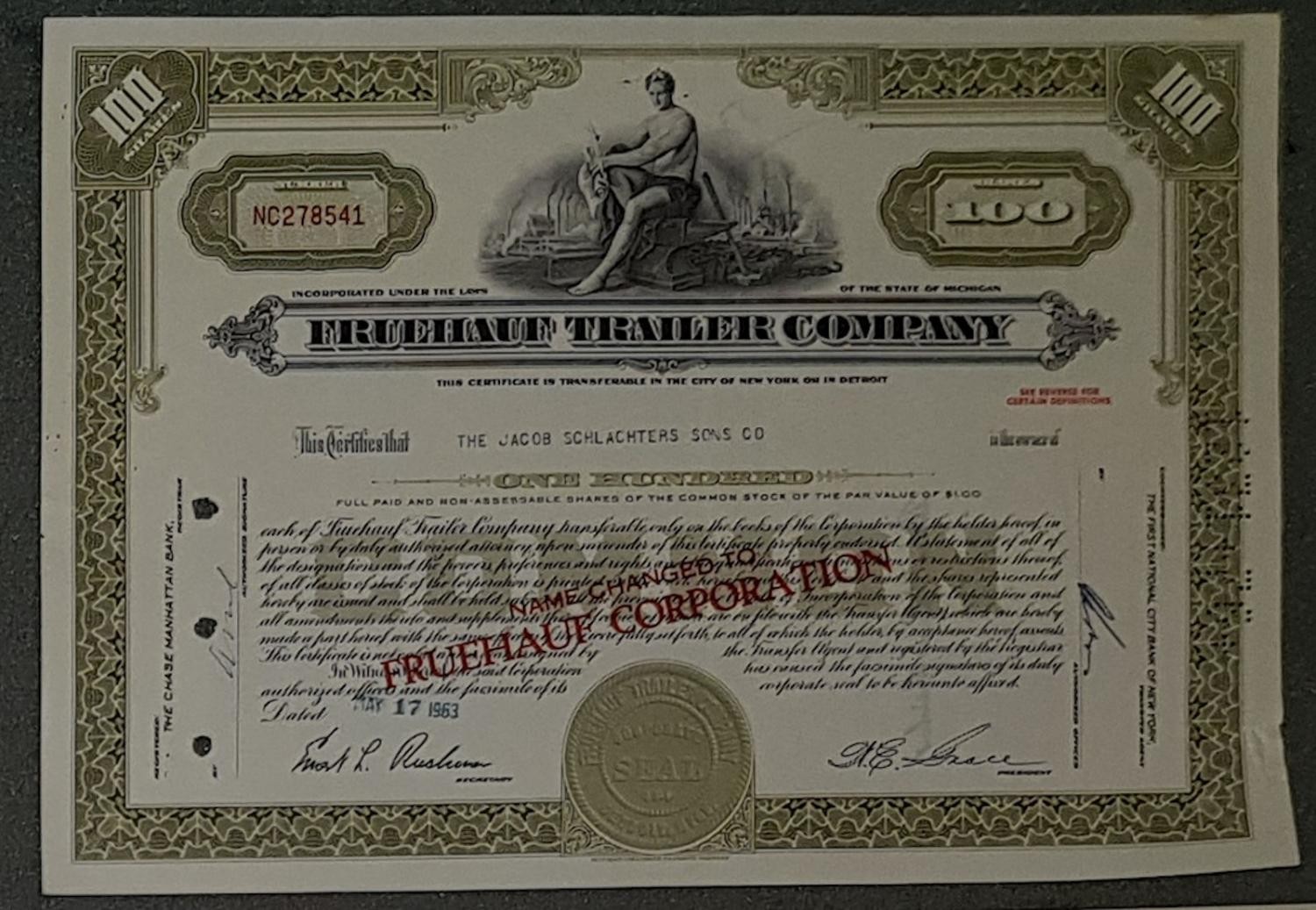 Fruehauf Trailer Company 1963 100 Shares