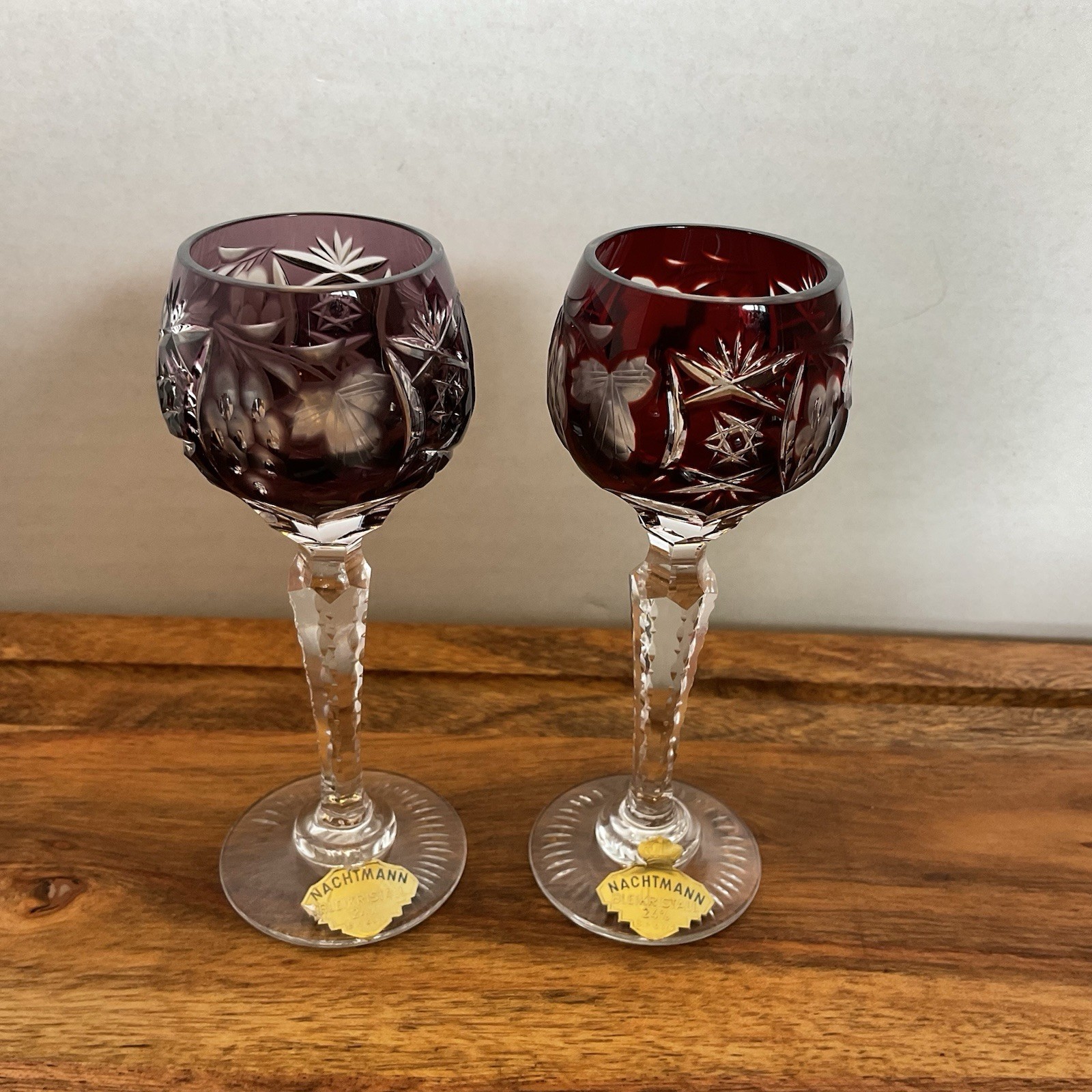 Nachtmann Ruby Cut to Clear Crystal Cordial Glasses 4 5/8" Pair w Labels no chip