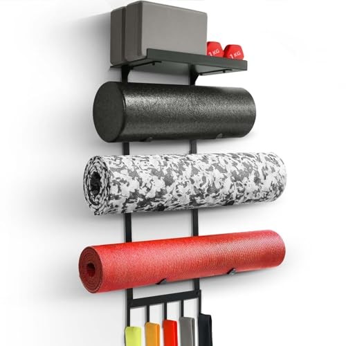 Yoga Mat Holder Wall Mount, Home Gym Storage Rack with Top Floating Shelf, 4 