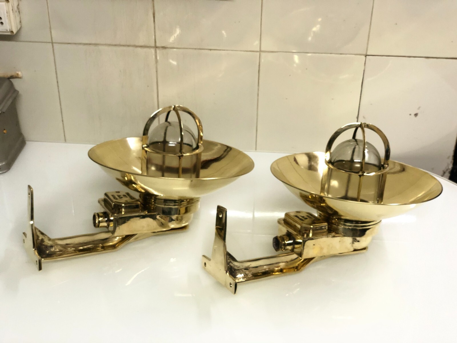 Set of 2 Swan Neck Brass Nautical Ship Wall Lights w/ Shade Vintage Marine Decor