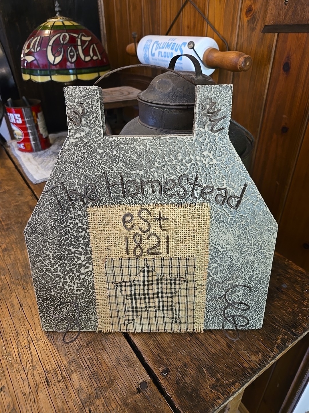 11"x11" Antique/Primitive/Rustic Style Painted "The Homestead " Candle Holder