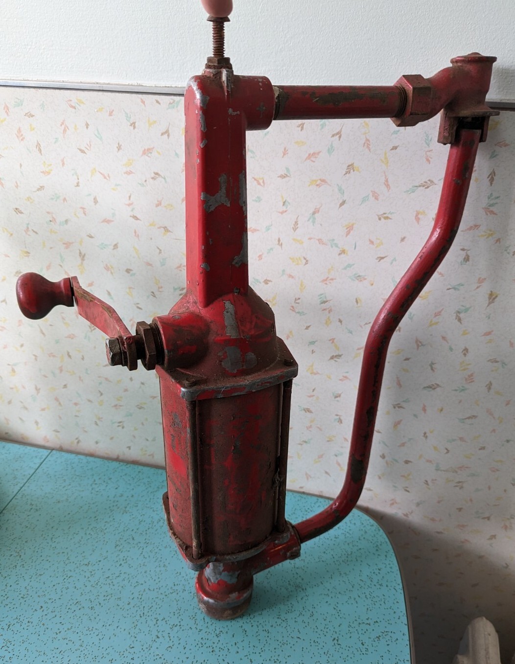 Vintage Iron Hand Crank OIL GAS WATER PUMP Painted Red Distressed Farm Decor