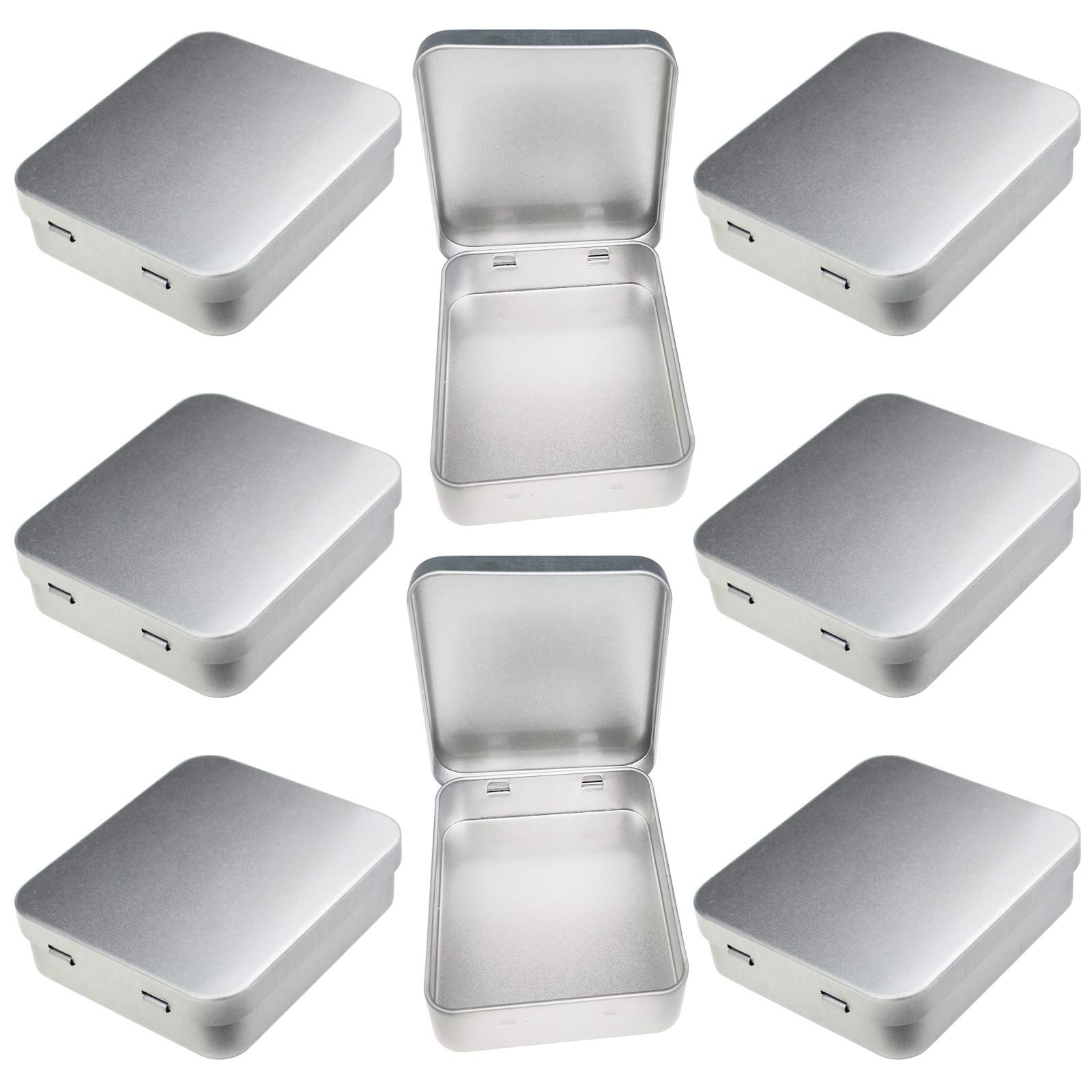 LJY 8 Pack Empty Rectangular Silver Metal Storage Organizer Tins with Hinged ...