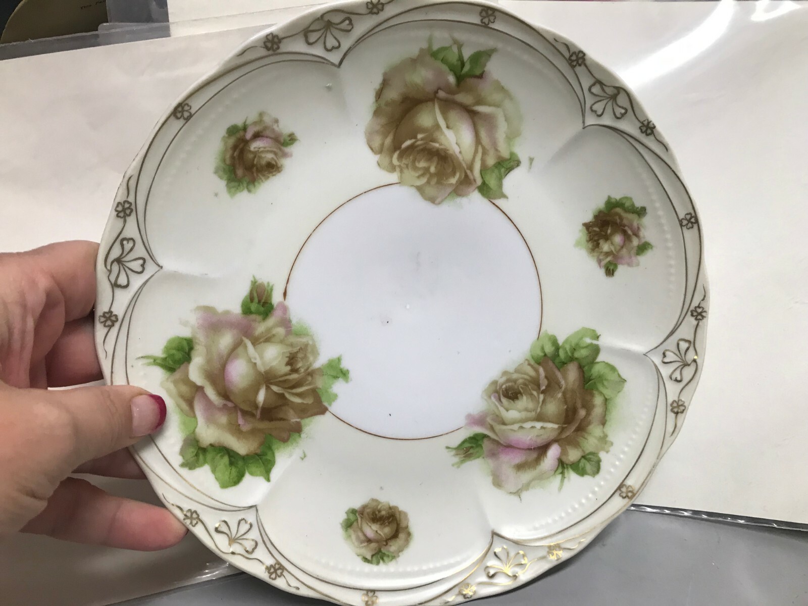 VTG 8.5" Three Crowns China Company Rose Flower Floral Round Plate Germany Gold