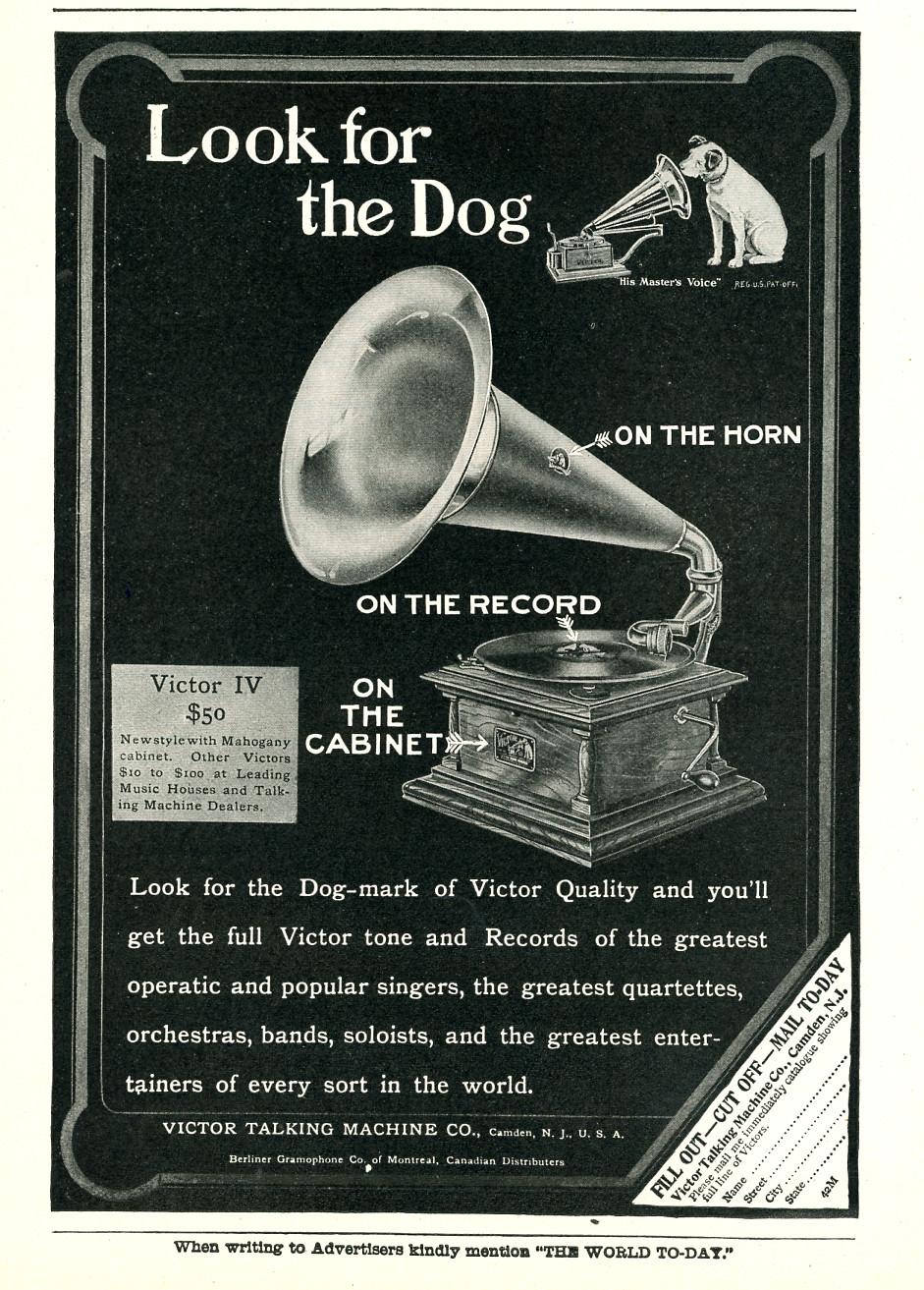 1907 Original Victor IV Ad. Look For The Dog- On The Horn, Cabinet, & Record