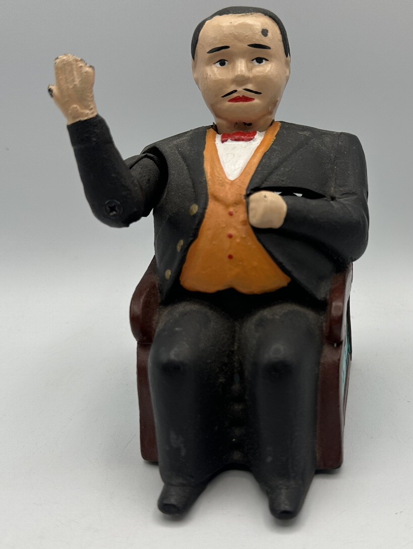 Cast Iron Man in Chair Coin Bank Hand Painted Vintage