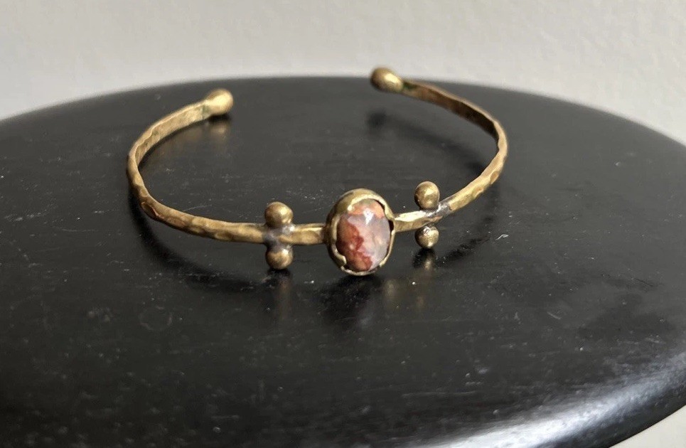 Antique Brass Hammered Bracelet Pink Stone Bangle