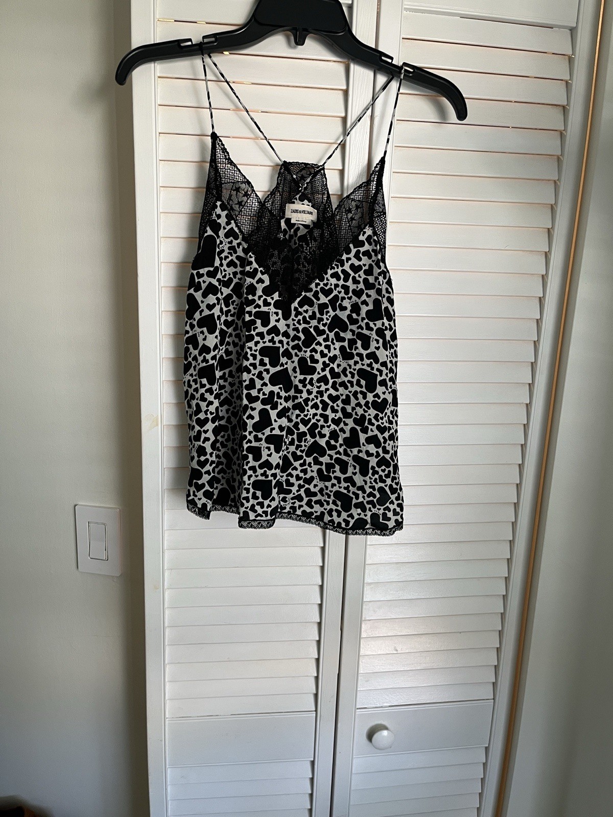 Zadig & Voltaire Silk Camisole XS Black White Heart Print Lace Adjustable Strap