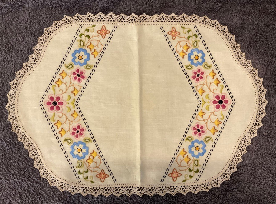 Large Vintage Handmade Embroidered Linen Doily - 18 1/2 x 13   inch