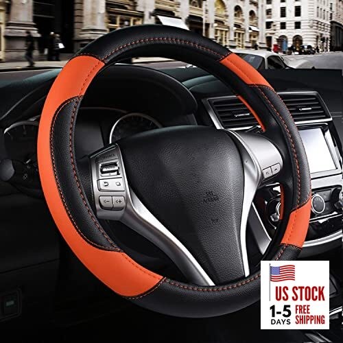 Leather Car Steering Wheel Cover, Non-Slip Car Wheel Cover Protector Orange-2
