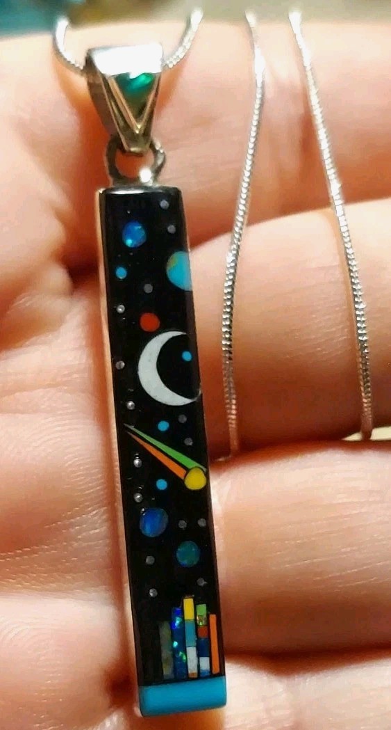 New Sterling Silver Galaxy Inlay Native Artist Pendant &Chain