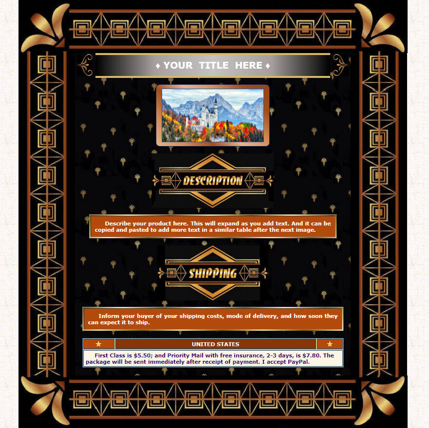AUCTION TEMPLATE Art Deco Border Design Gold Orange - FREE Email Shipping