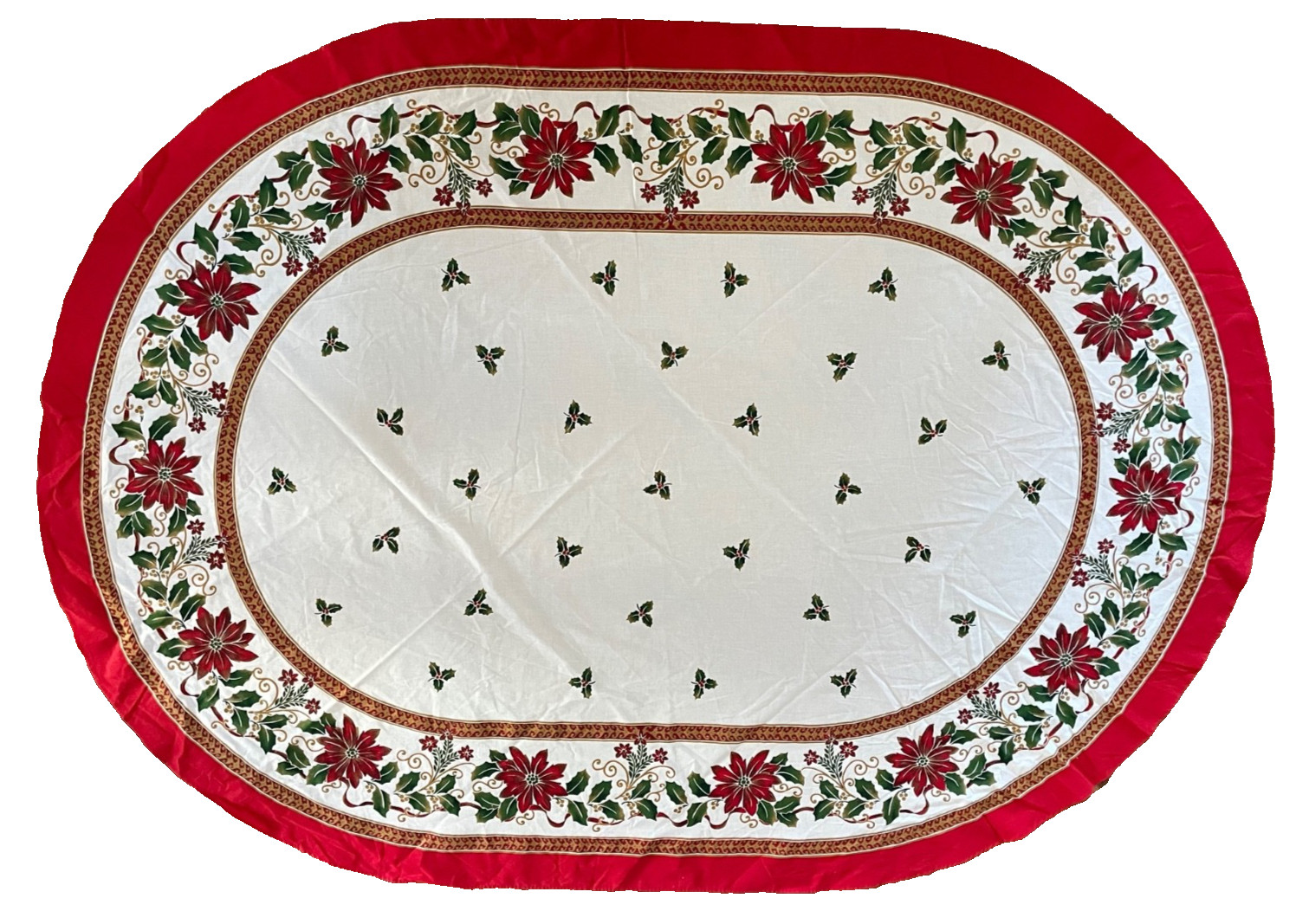 Vintage Christmas Oblong Tablecloth 60" x 82.5" Cotton Poinsettia & Holly Berry
