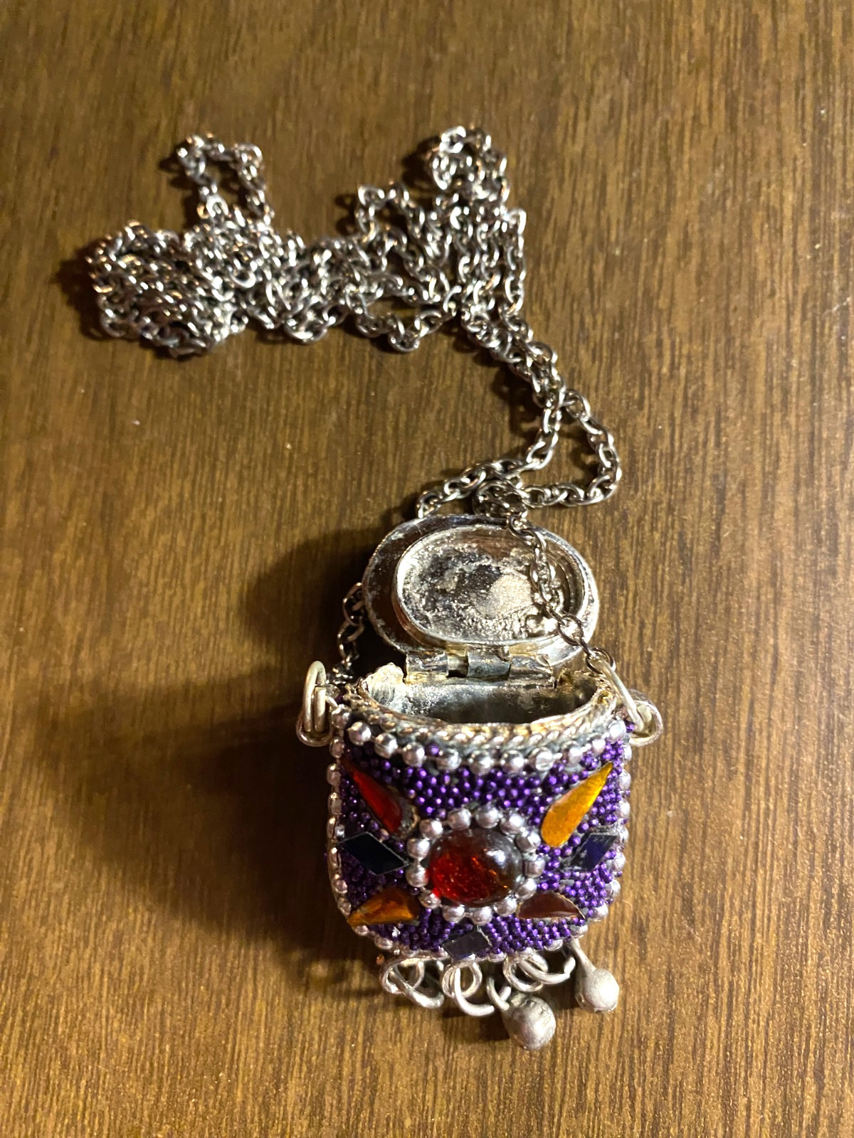 Silver Tone Vintage Locket Box Purple Beaded Pendant 1 1/4" Necklace 32"