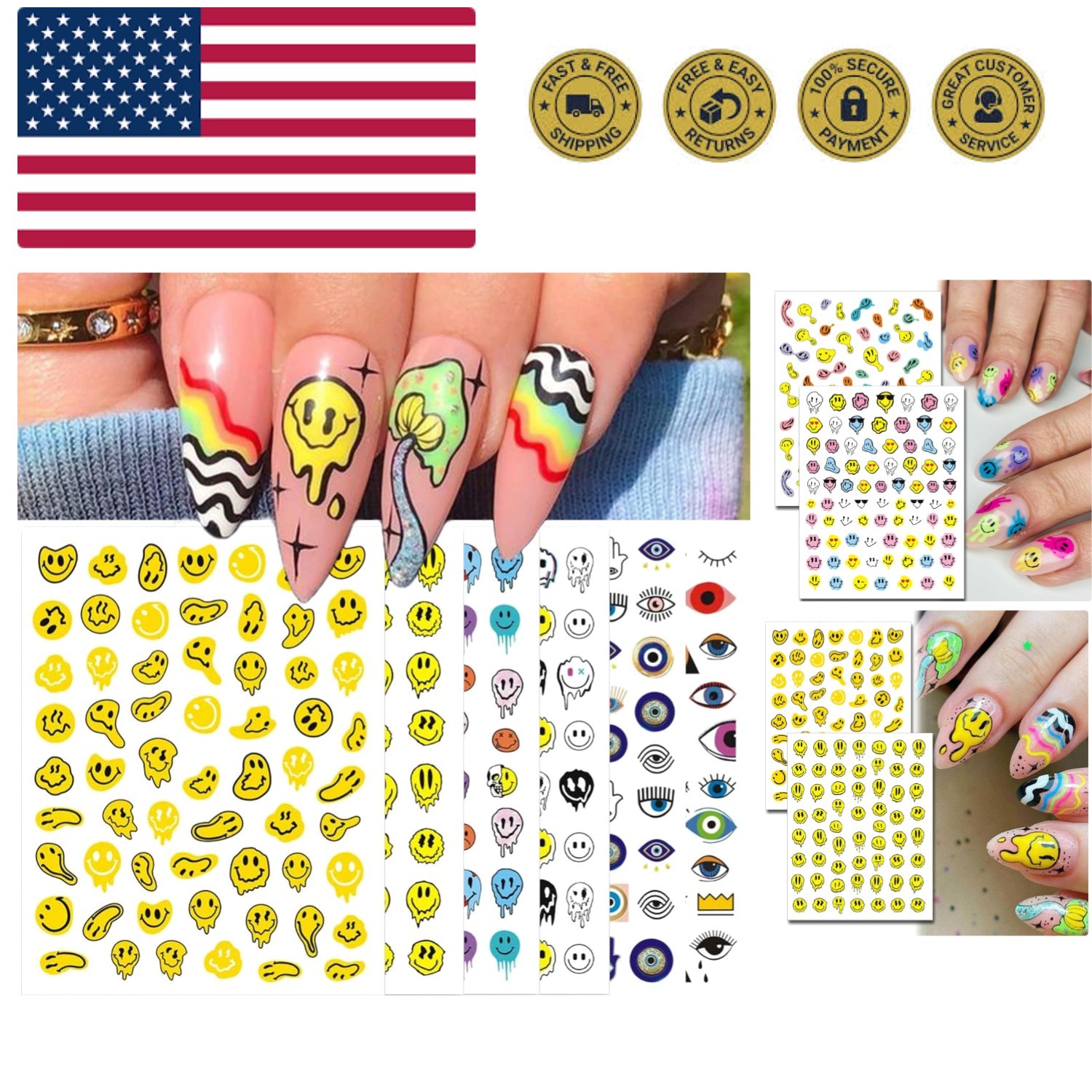 12 Sheets Abstract Smiling Face & Evil Eye Nail Art Stickers, Summer 3D Funny...