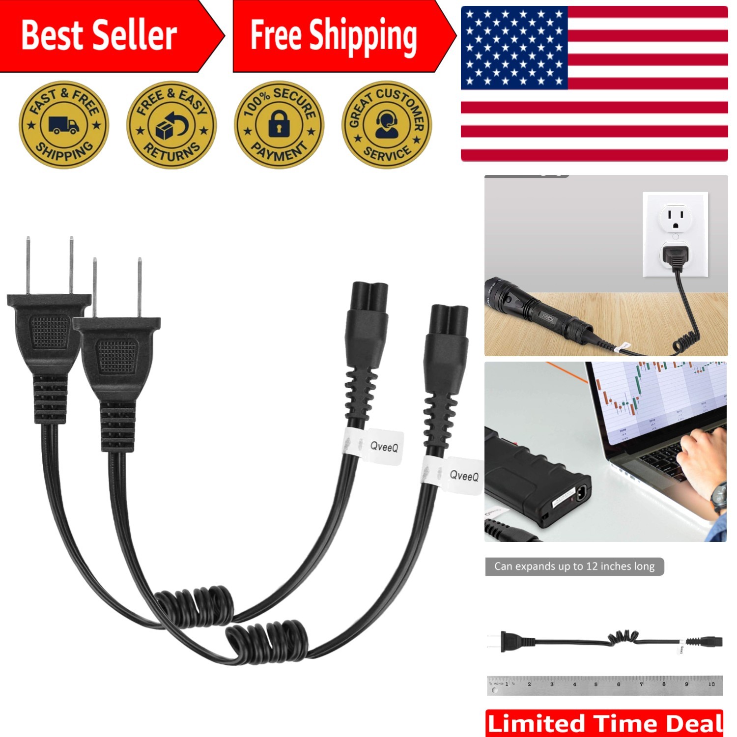 Durable Male-to-Male Stun Gun Charging Cord - 1M Volts, 12 Inch Expandable