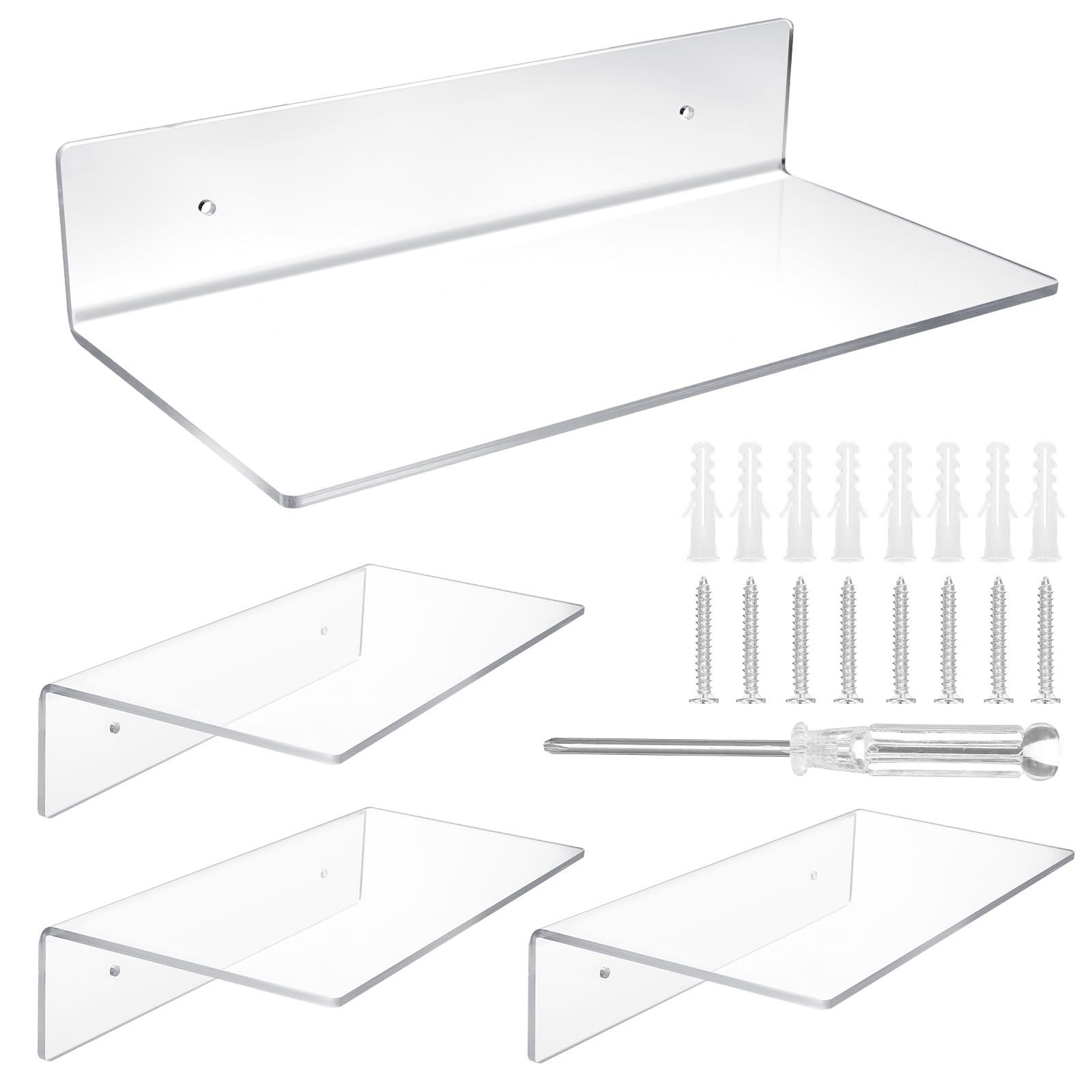 4 Pack 12 Inch L-Shaped Acrylic Floating Shelf Clear Wall Mounted Shelves