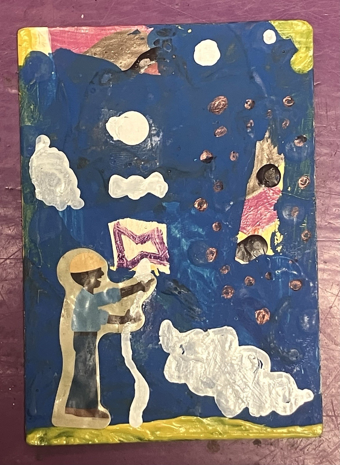 Abstract Mixed Media Collage Art Small Figure Clouds Moon Sky Original ACEOS