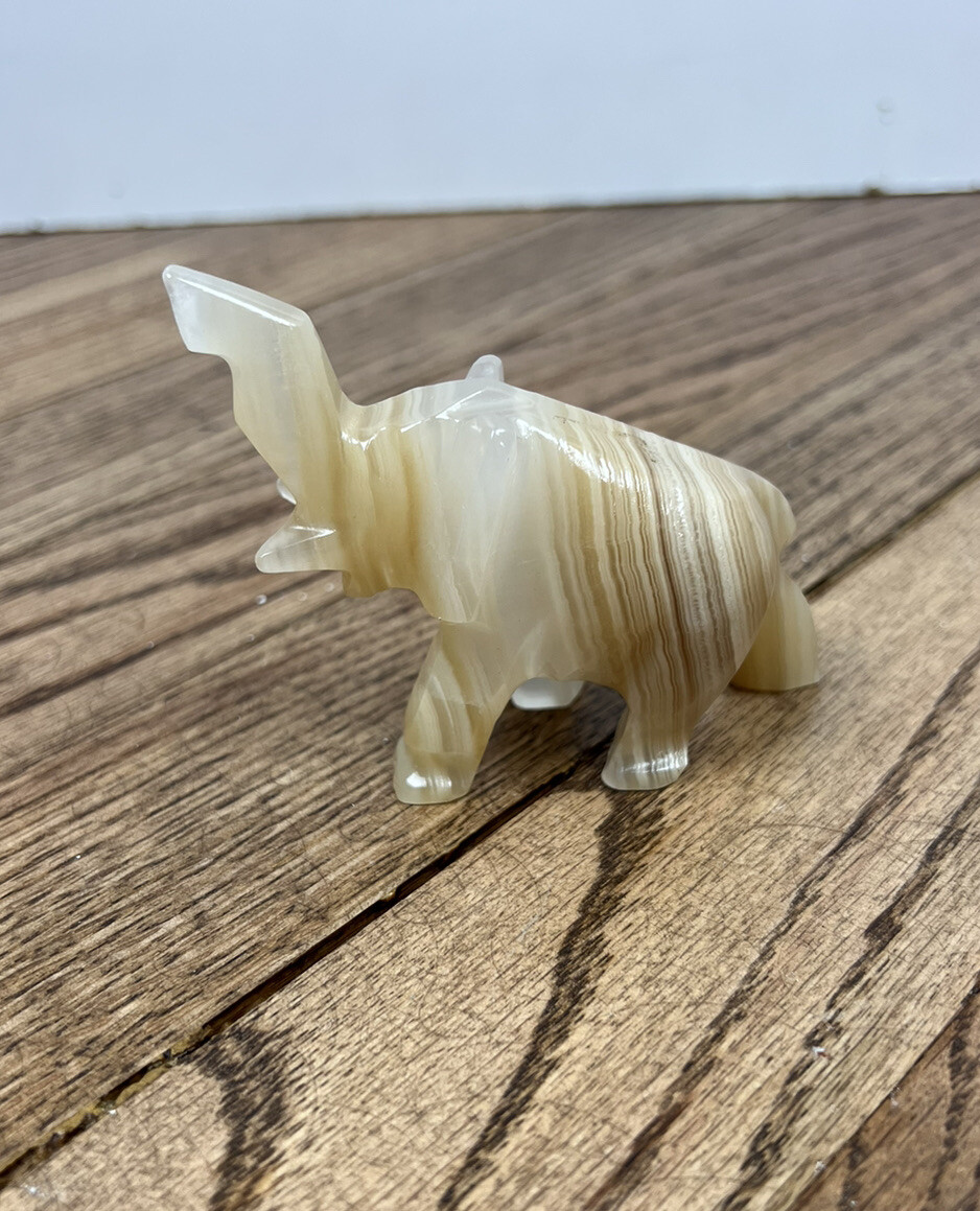 Onyx Marble Elephant Trunk Up Hand Carved Polished Yellow Orange Tan