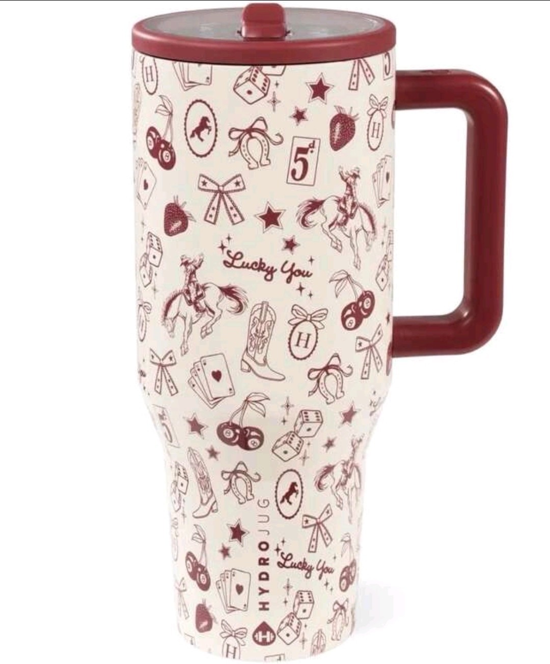 HydroJug Traveler Water Bottle Red Western Charm 40oz Leak-Proof, Insulated, Cup