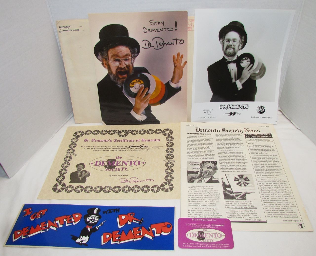 Dr. Demento Society Fan Club Kit: photo, newsletter, bumper sticker, certificate