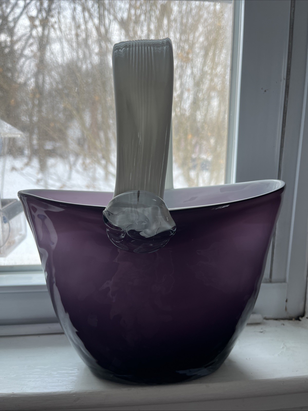 VTG Handblown art glass purse/vase Purple W/Clear Handle