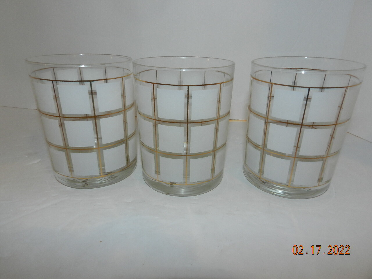 3 Vtg Libbey? Glasses Cocktail Frosted Gold & white Lowball Mid-Century MCM 