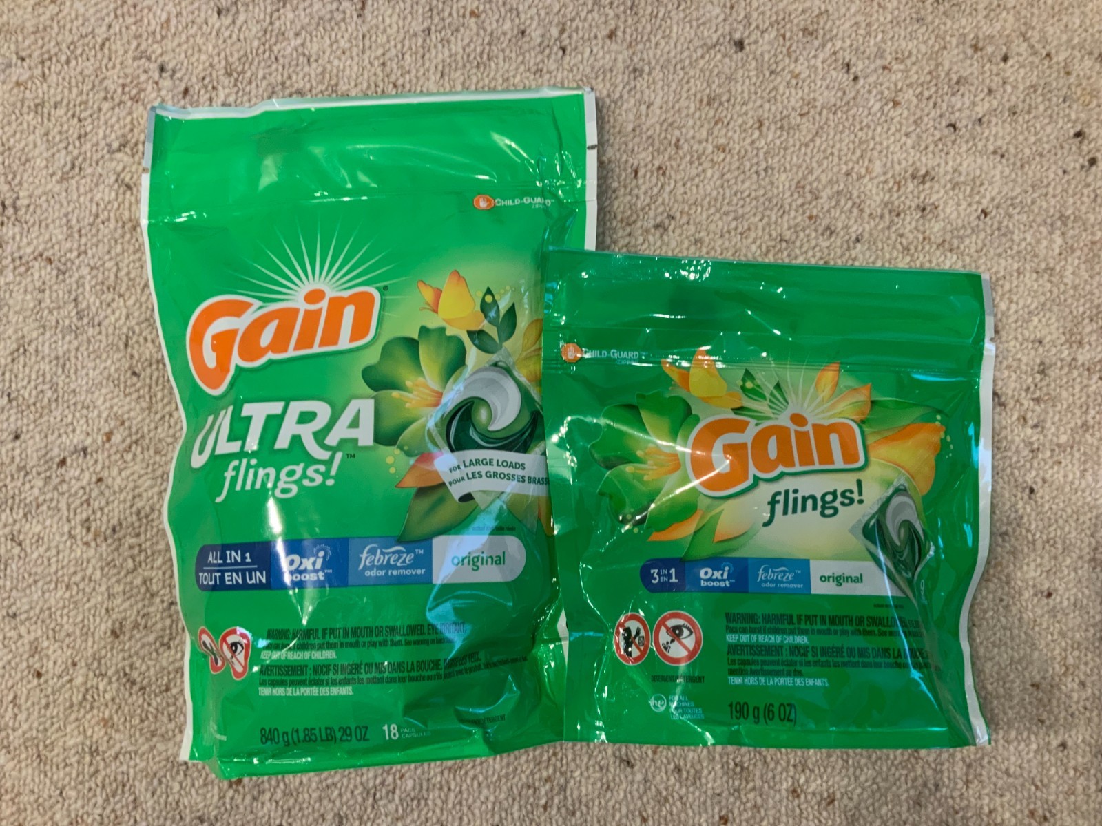 LOT of 2 - GAIN ULTRA FLINGS (18 CT) + REG (9 CT) - 3 IN 1 PACS ORIGINAL