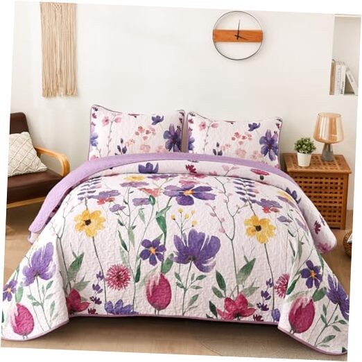  Quilt Set Floral Pattern Microfiber Bedspreads Size 3 Pieces Queen Purple