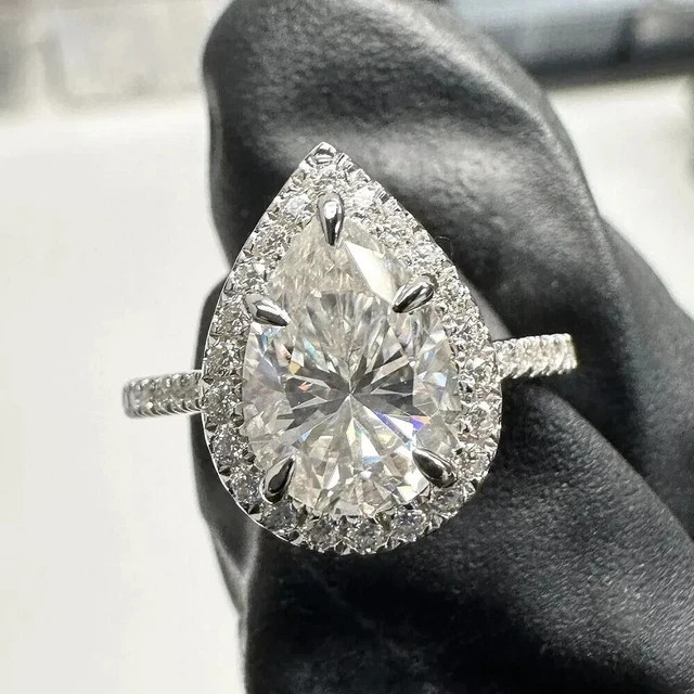 2Ct Pear Cut Real Moissanite Solitaire Charm Wedding Ring 14K White Gold Plated