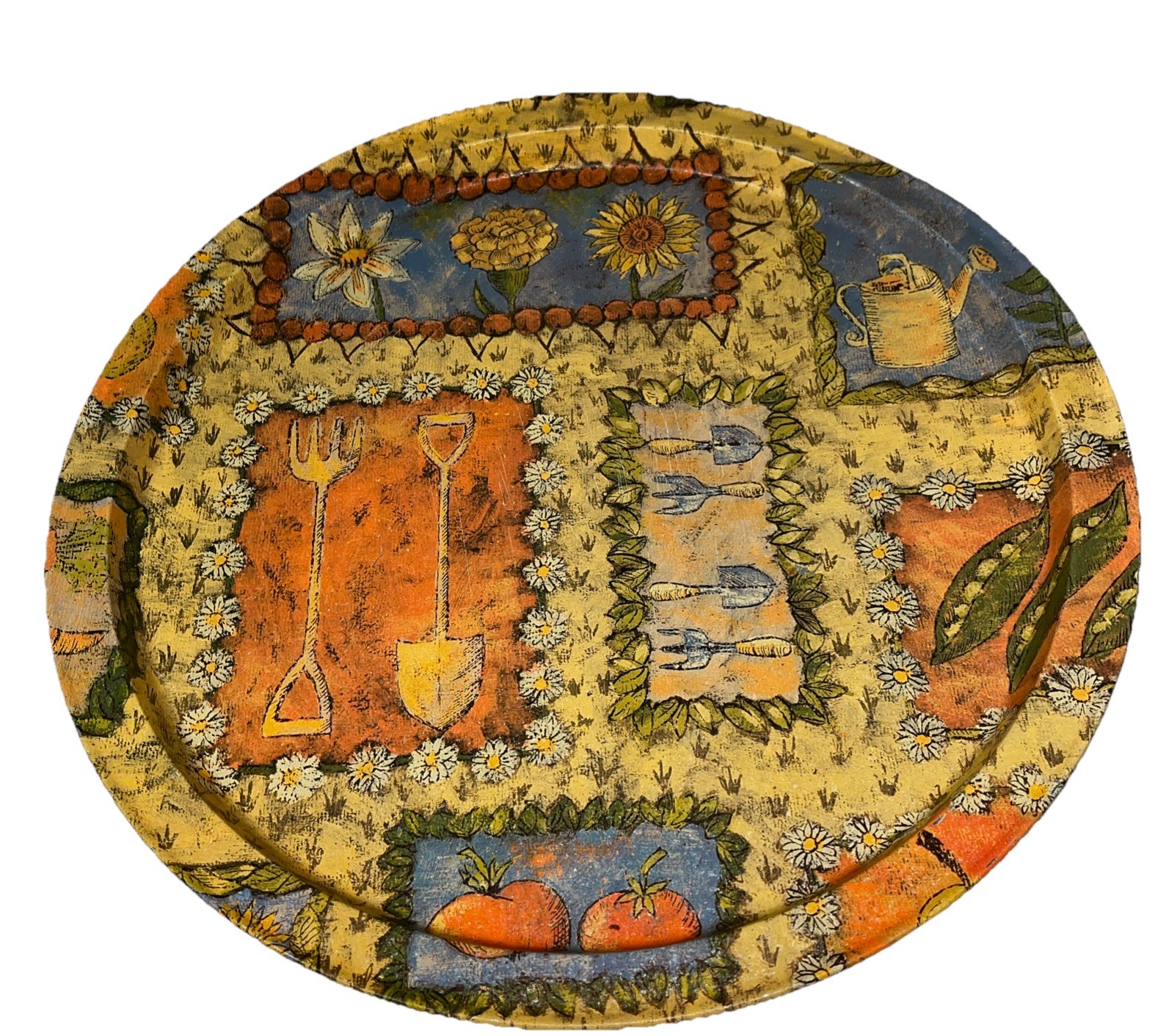 Gardening Tray Metal Orange Yellow Greens Vtg Granny Core