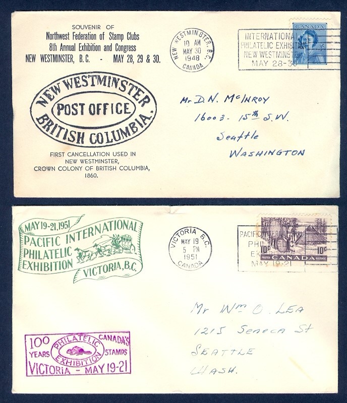 CANADA 1948 AND 1951 PHILATELIC EXIBITION CACHETS TO USA