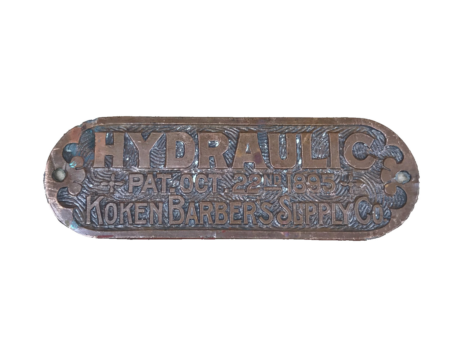 Antique Koken Barber's Supply Co Hydraulic Metal ID Badge Emblem Chair Tag