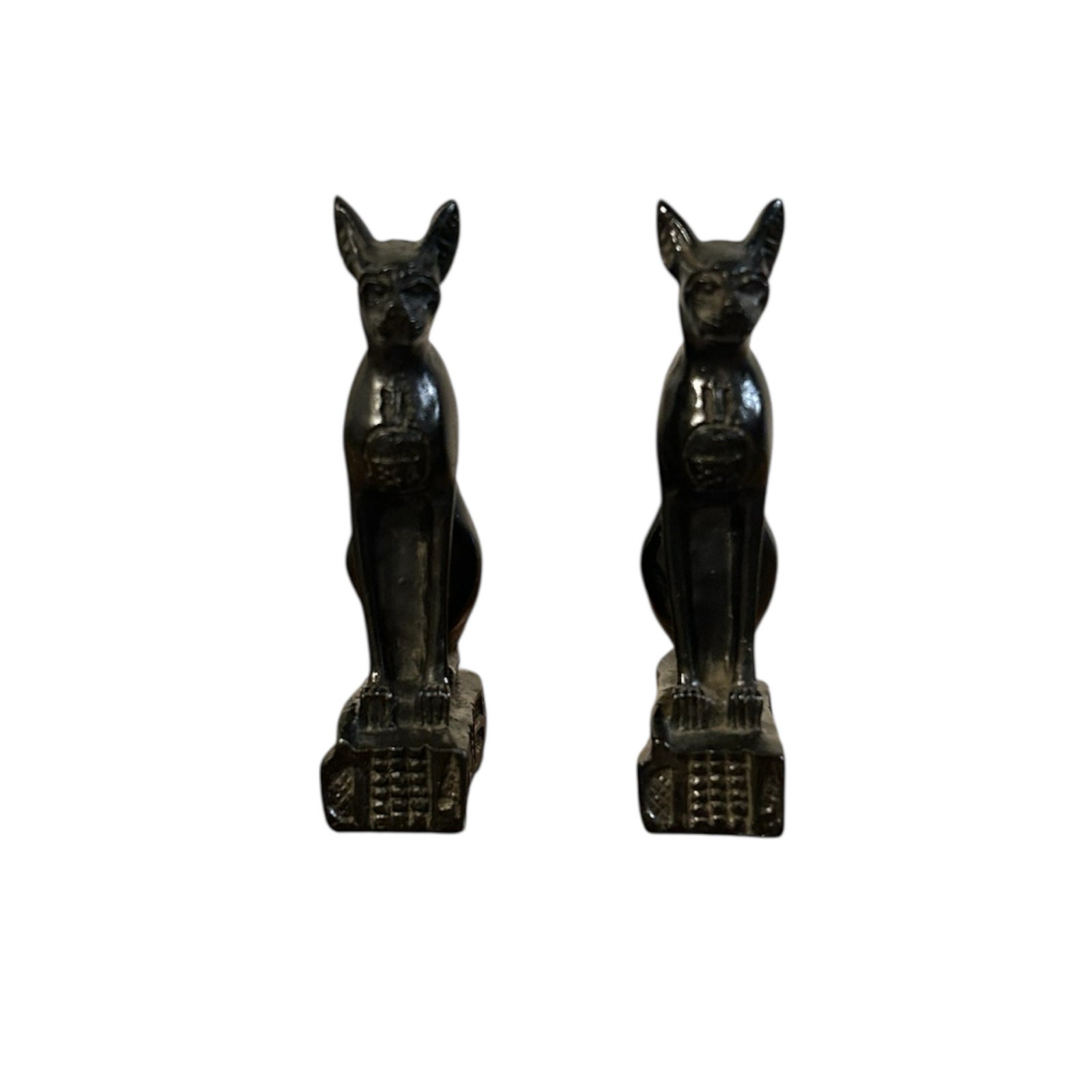 Pair Egyptian Bastet Cat Goddess Statues w/ Scarab Medallion Hieroglyph Base
