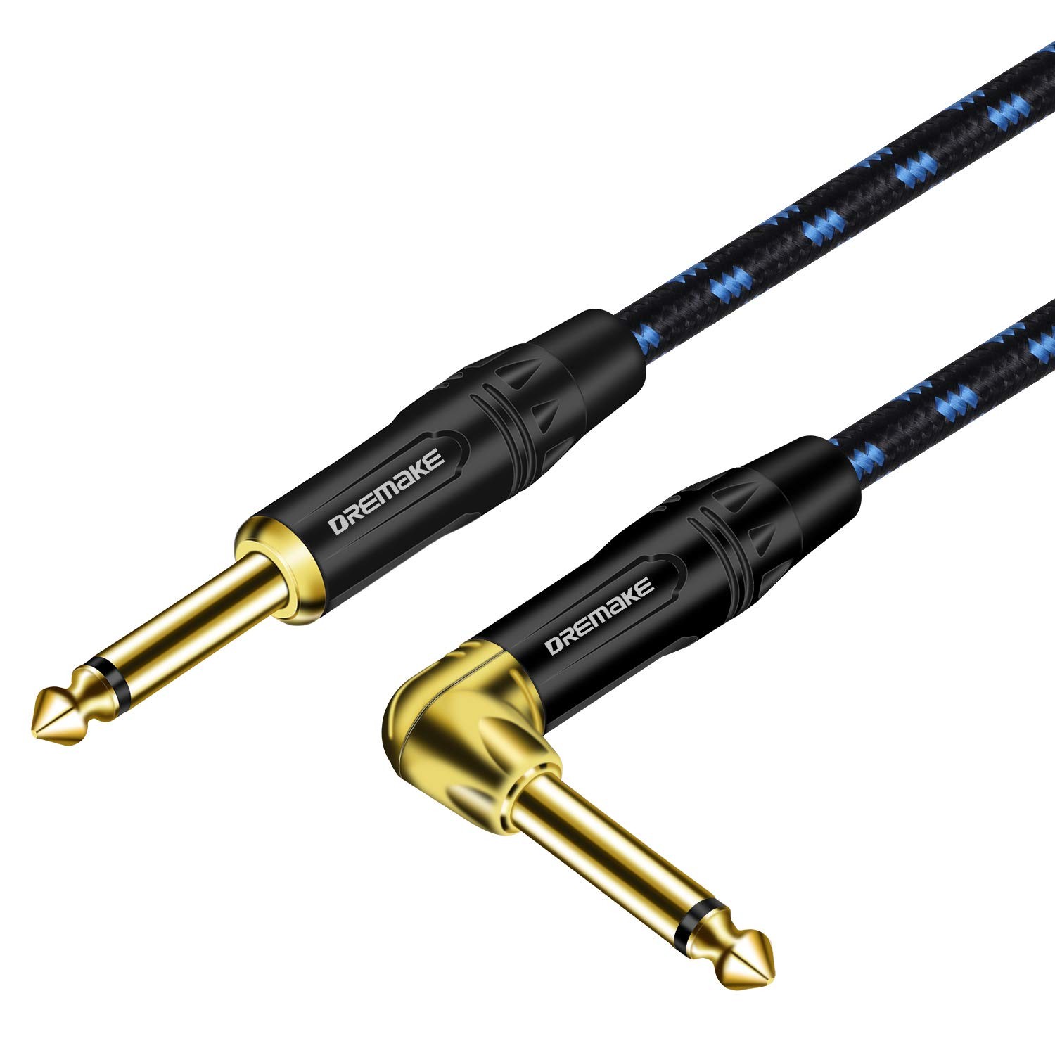 DREMAKE Cable 1/4" (6.3mm) Straight to Right Angle, 10FT/3.0M, Black&Blue 