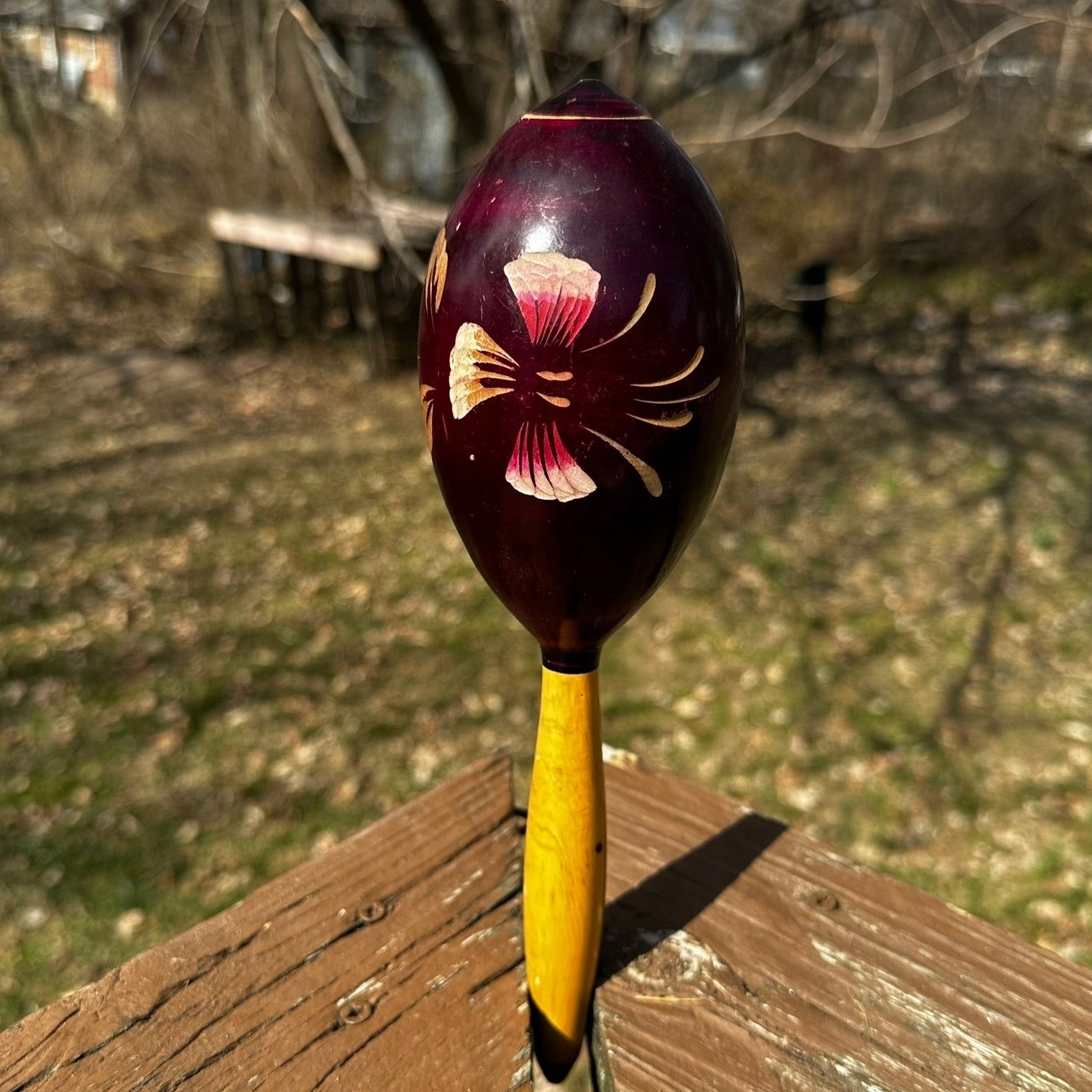 Vintage Maraca 10.5in Burgundy Mexico Hand Painted Wood Folk Art Percussion