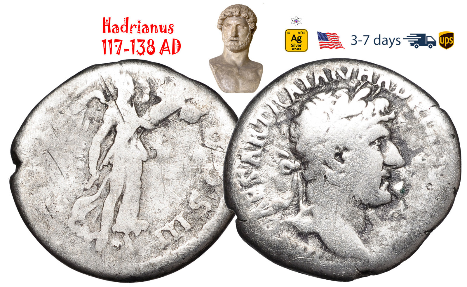 Ancient Roman Empire Coin Silver Denarius Hadrian 117 - 138 AD Authentic #32050