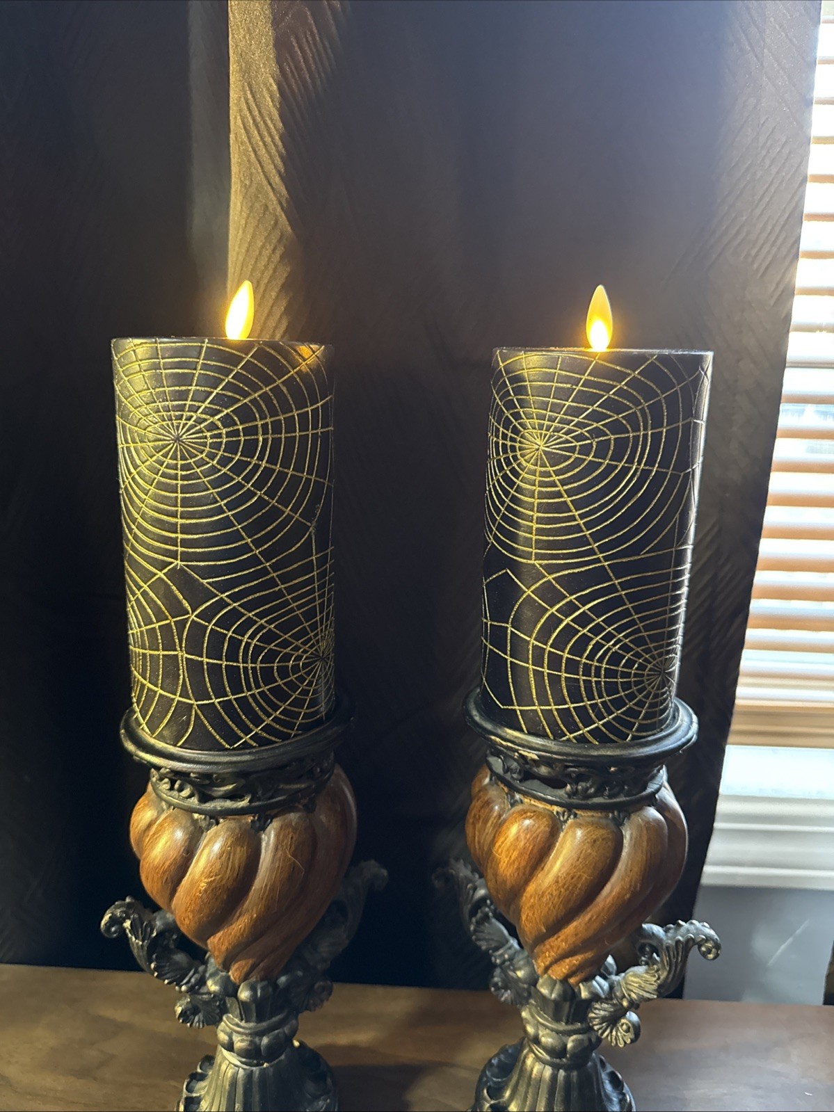 2 Luminara Candles- 6 in Black and Gold Spider Web Flameless Candle Pillar