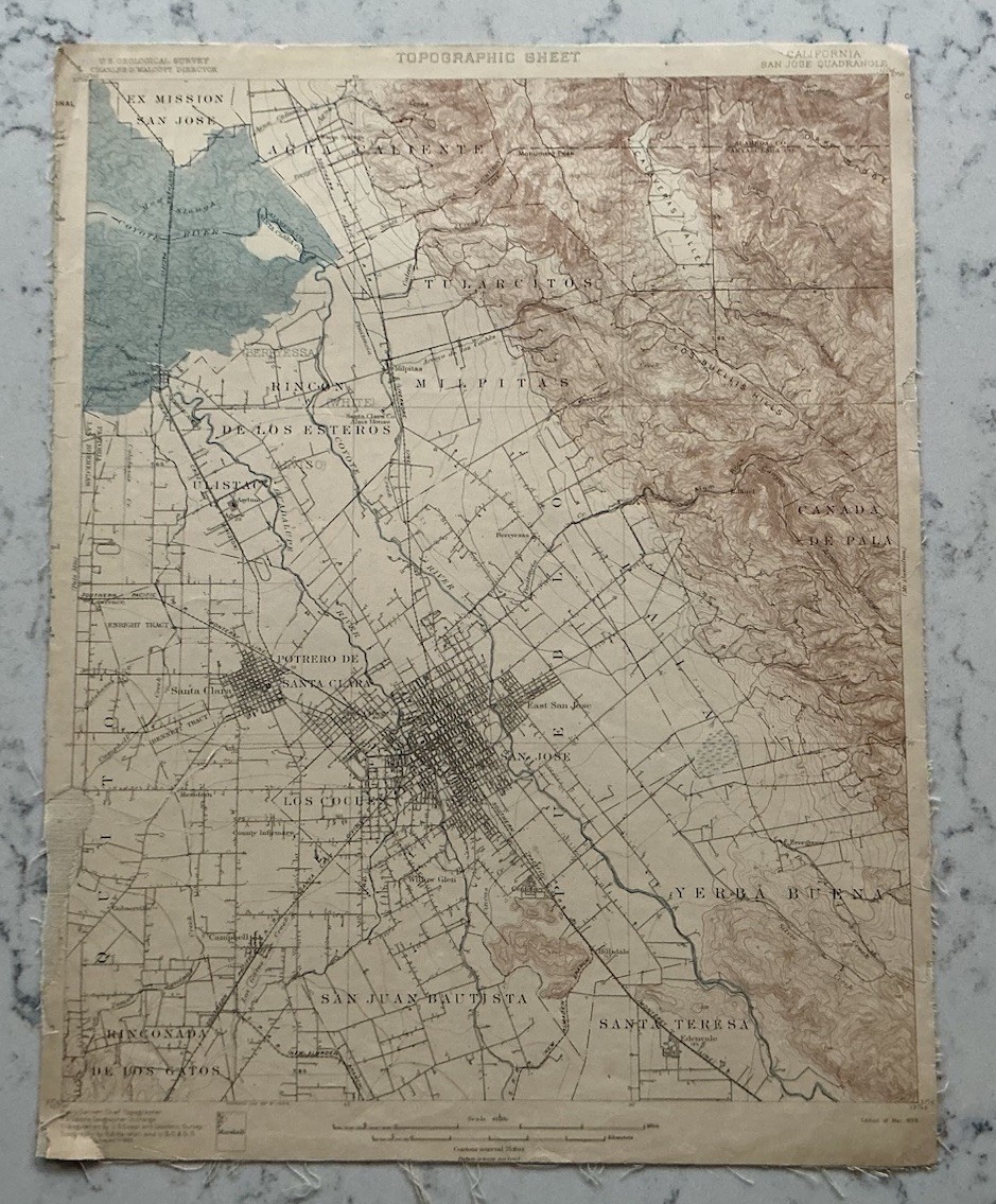 ANTIQUE SAN JOSE CALIFORNIA GEOLOGICAL SURVEY TOPOGRAPHICAL MAP 1899 USGS