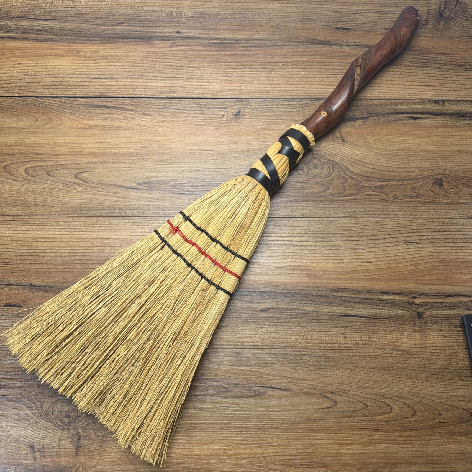 Antique Handmade Straw Fireplace Broom with Twisted Twig Handle