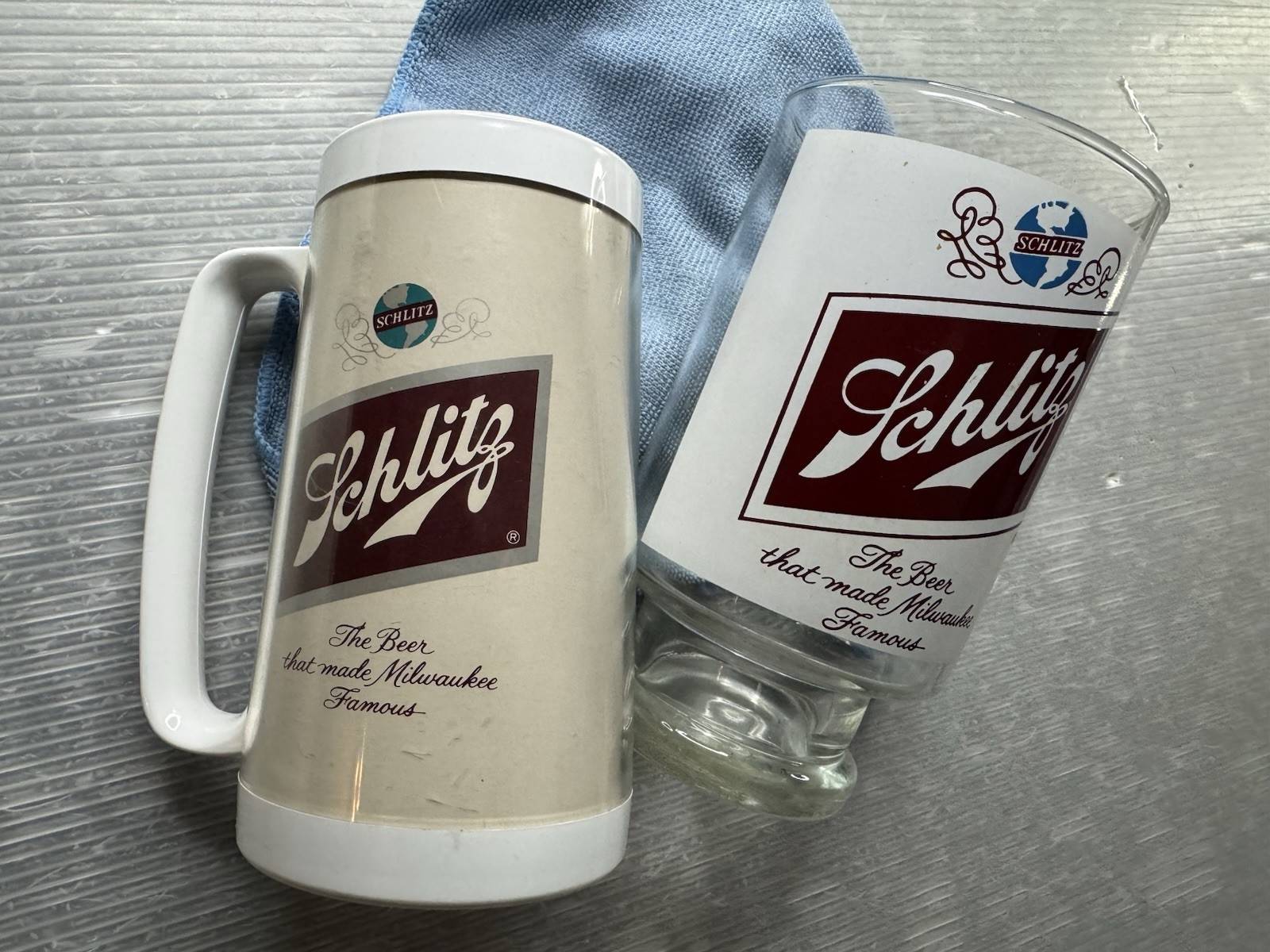vintage SCHLITZ BEER LOT 16 oz INSULATED THERMO SERV MUG & footed GLASS