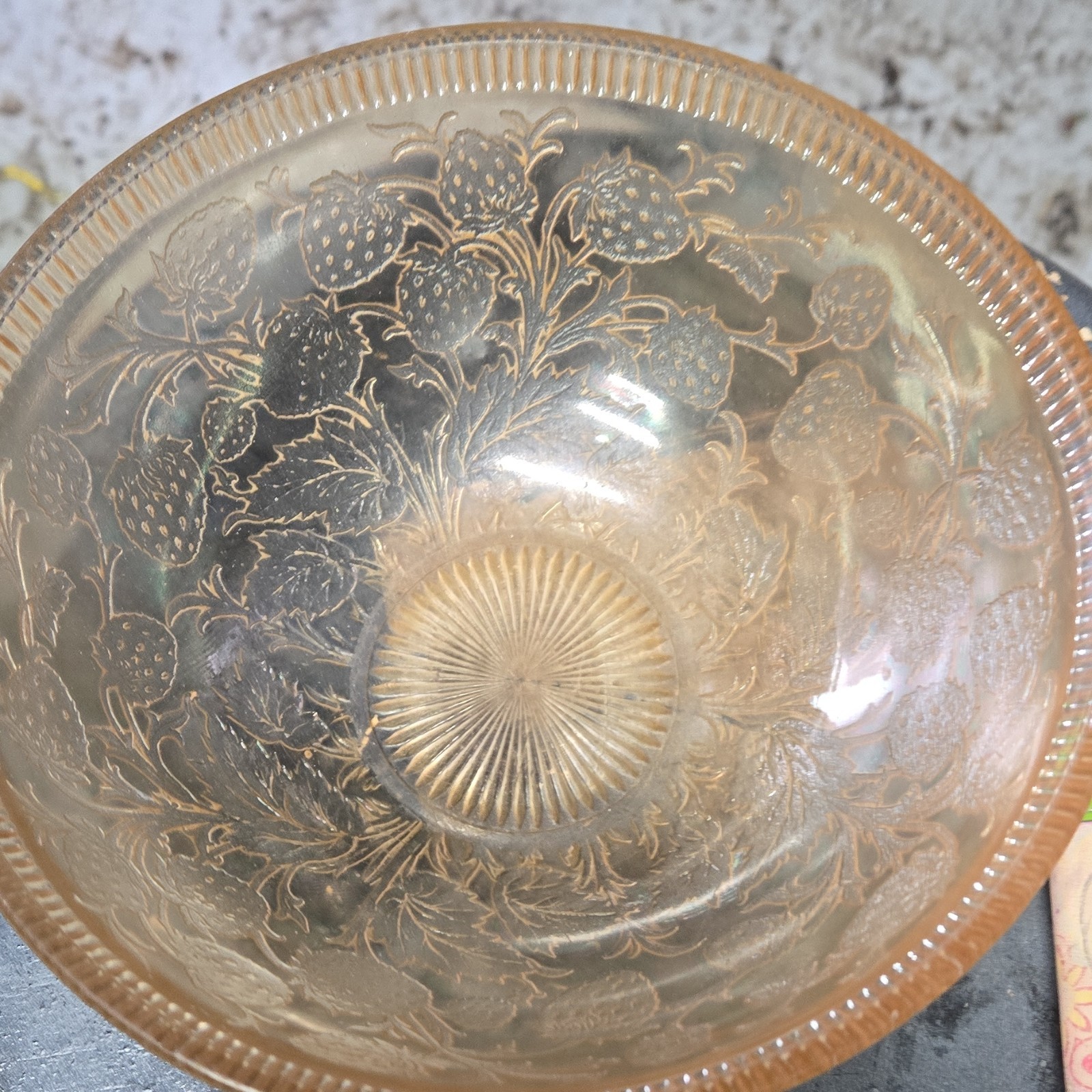 Amber Glass Bowl with Etched Strawberry Pattern, Round Decorative Design