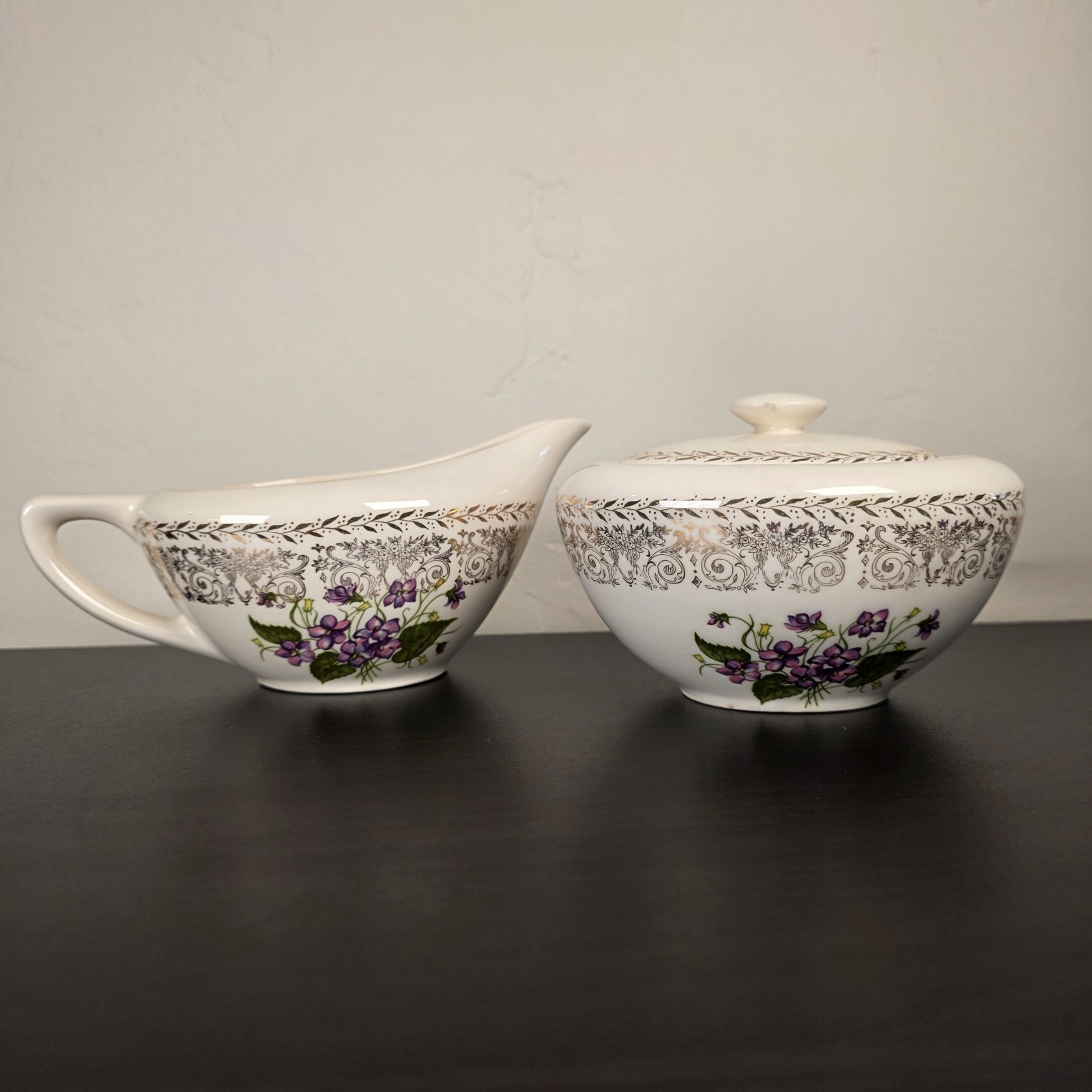 Vintage Cunningham & Pickett Spring Violet Cream & Sugar Set Gold Trim Floral