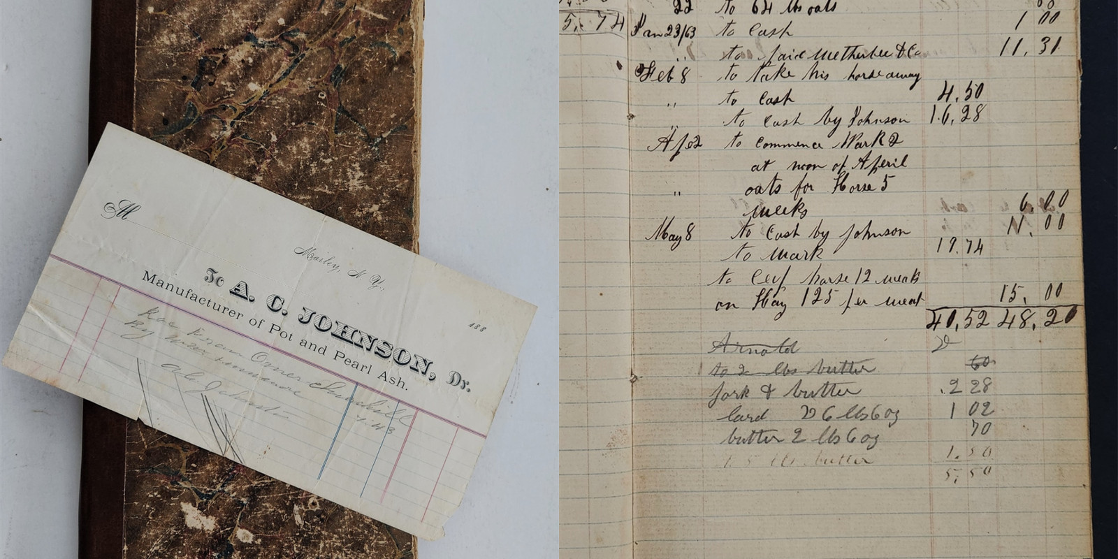 1864 antique STORE JOURNAL morely ny FINNIMORE beef corn hay butcher cow butter